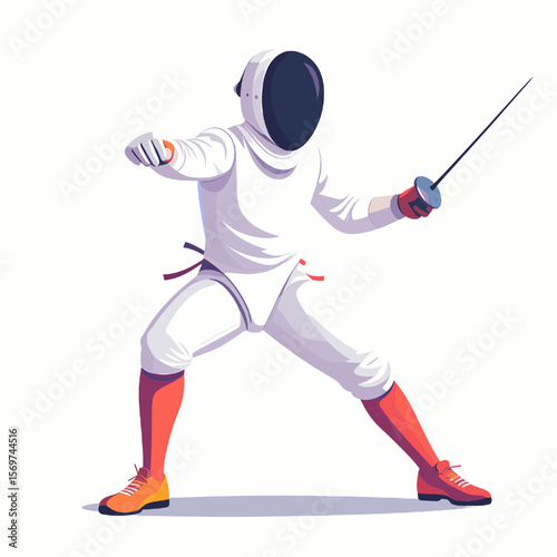 Fencing Athlete in White Uniform and Protective Gear Holding Foil Sword in Pixel Art Style Isolated on White Background