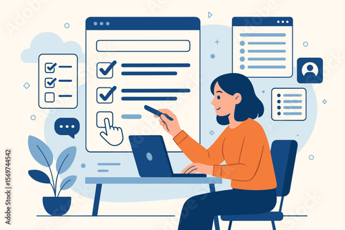 Online survey and assessment interface with interactive checkboxes, digital forms, e-learning, user feedback, remote evaluations, virtual education, distance learning concept