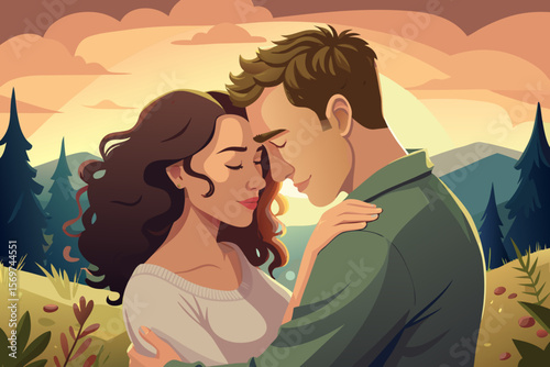 Loving Couple Embraces in Nature at Sunset