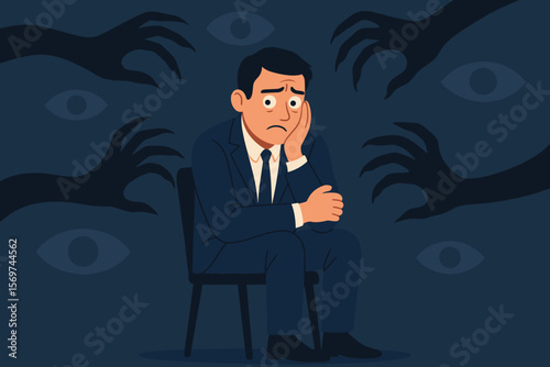 Paranoia, fear, anxiety and panic attack concept. Businessman sitting alone surrounded by shadow hands and watching eyes. Mental health, phobia, depression, stress disorder illustration