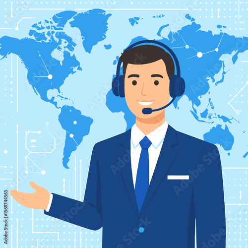 Friendly Customer Service Representative with Headset in Blue Suit Before Global Map Background Offering Assistance