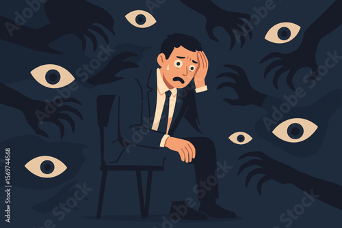 Paranoia and Fear Mental Health Concept, Anxiety and Stress Disorder Illustration, Depressed Businessman Sitting in Panic Surrounded by Watching Eyes and Shadowy Hands