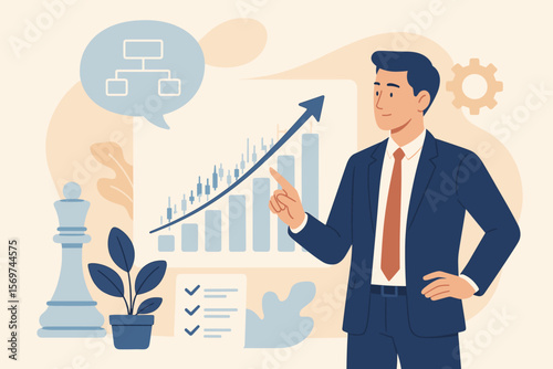 Business Strategy Planning and Analysis, Stock Market Growth, Financial Success, Investment Progress, Businessman Presenting Upward Chart, Leadership, Corporate Development
