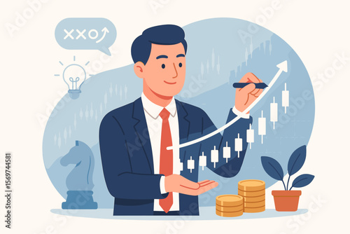 Businessman Analyzing Stock Market Growth Chart, Investment Strategy, Financial Success, Trading Progress, Economic Planning, Profit Increase, Candlestick Graph, Money Management