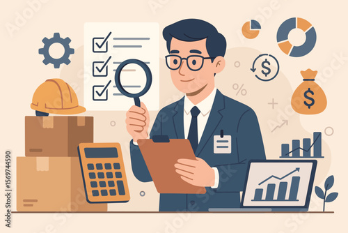 Procurement and Asset Management Concept. Businessman Manager Auditing, Purchasing Company Equipment, Goods, Services. Price Checking, Depreciation, Inventory, Financial Analysis