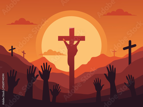 Jesus Christ Crucifixion at Sunset with Praying Hands