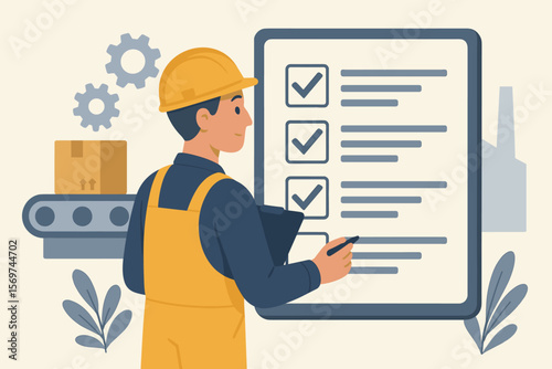 Quality control checklist concept with factory inspector marking QA QC task list, manufacturing process audit, compliance verification, production inspection, industrial safety