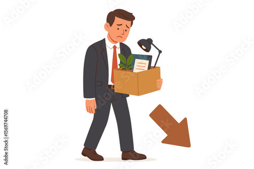 Businessman Layoff Concept. Fired Employee Carrying Box With Office Items. Job Loss, Unemployment, Career Change, Resignation, Termination, Burnout, Dissatisfaction, Workplace Exit