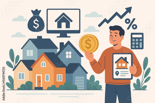 Real estate investment and property management concept. Buying, selling, owning houses for profit. Cash flow, appreciation, tax benefits, online realty, mortgage, finance, ROI