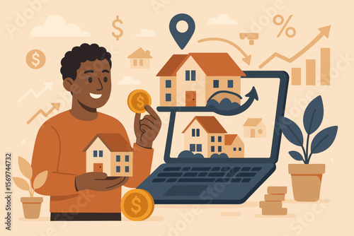 Real estate investment and property management concept. Buying, selling, owning houses for profit. Online realty, cash flow, appreciation, tax benefits, financial growth, digital market