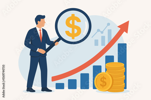 Businessman Analyzing Financial Growth, Salary Increase, Investment Profit, Earnings, Stock Market Success, Revenue Rise, Money Management, Economic Progress, Dollar Sign, Graph, Coins