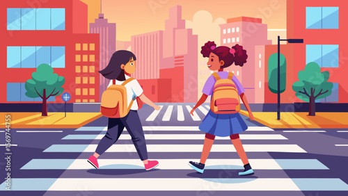 Two Schoolgirls Crossing the Street in Cityscape