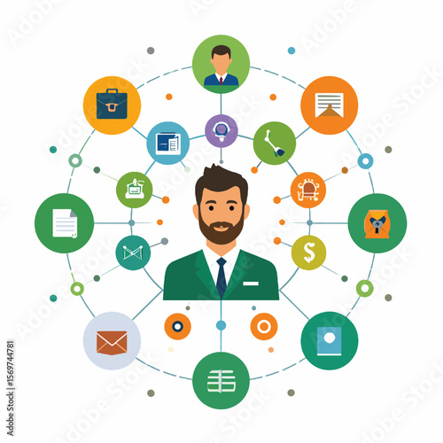 Global Network Connection of Young Man and Various Icons on White Background Social Media and Communication Through Digital Connection and Online Presence