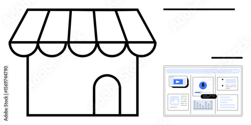 Small shop with striped awning beside a digital dashboard featuring analytics and multimedia. Ideal for eCommerce, retail, business growth, technology, digital marketing, modernization, online