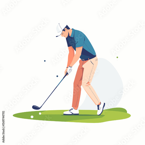 Golfer in Blue Shirt Swinging Golf Club on Green Grass with White Balls Sports and Recreation on Clean White Background Flat Vector Illustration