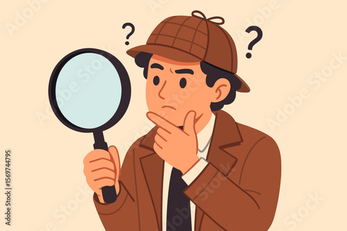 Curious detective character holding magnifying glass, searching, analyzing, investigating, research concept, inquiry, problem solving, mystery, insight, information discovery
