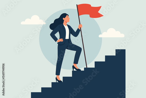 Ambitious businesswoman leader climbing career staircase, holding red victory flag, symbolizing success, achievement, empowerment, leadership, goal, challenge, ambition, motivation