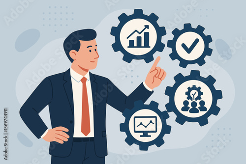 Business manager in suit interacting with gear icons representing operations management, workflow optimization, problem solving, performance monitoring, business process automation