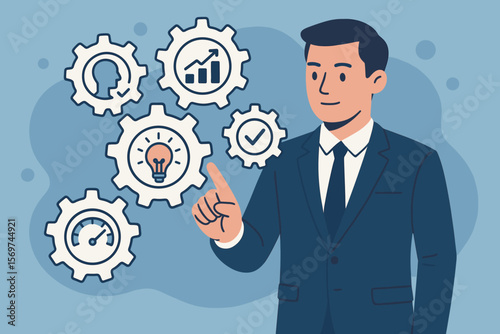 Business manager operating digital gears interface. Workflow automation, process optimization, system management, performance monitoring, problem solving, innovation, analytics