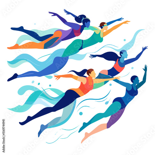Group of Women Synchronized Swimming with Colorful Water Graphics in Aquatic Harmony Team Collaboration and Dynamic Motion