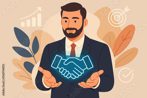 Businessman Holding Digital Handshake Icon Symbolizing Trust, Partnership, Reliable Cooperation, Strategic Success, Long-Term B2B Relationships, Business Agreement, Growth