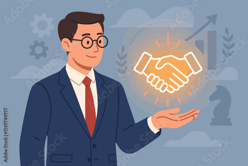Businessman Holding Digital Handshake Icon Illustrating Trust, Partnership, Reliable Cooperation, Strategic Success, Long-Term B2B Business Relationship, Corporate Agreement