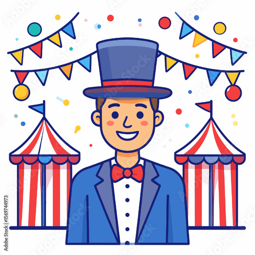 Happy Carnival Performer in Blue Suit with Top Hat Smiling Under Colorful Banners and Circus Tents Celebrating a Fun Event