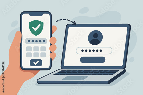Secure login authentication interface concept. Two factor authentication, password, mobile verification, smartphone and laptop, cybersecurity, access control, UX design, digital security