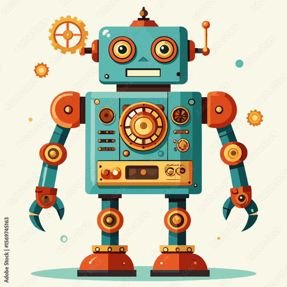 Fototapeta premium Illustration of an orange teal mechanical robot with square head and gear cog wheels hovering on a square neutral background in vector style