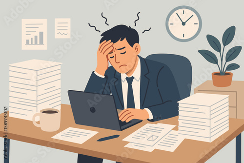 Overworked stressed businessman at office desk with paperwork, overwhelmed by deadlines, fatigue, anxiety, exhaustion, headache, burnout, frustration, time pressure, workplace stress