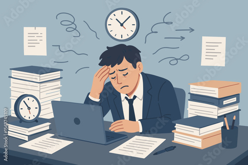 Overworked businessman stress concept. Office fatigue, deadline pressure, anxiety, exhaustion, headache, burnout. Frustrated employee overwhelmed by paperwork, time management issues