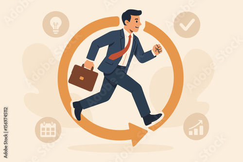 Businessman Running in Circle Arrow Symbolizing Daily Routine, Work Discipline, Agile Development, Productivity, Success Process, Office Efficiency, Career Progress Concept