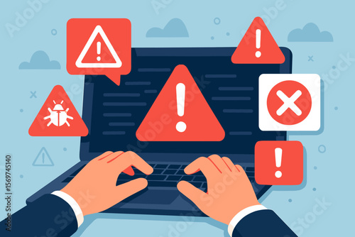 System error, virus alert, software bug concept. Hands on laptop with red warning notifications. Cybersecurity threat, malware infection, hacker attack, data breach danger.