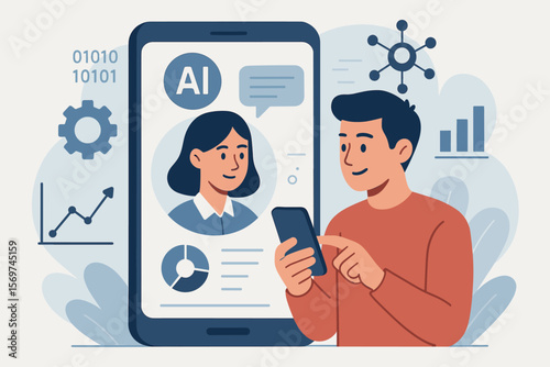 Hand holding smartphone with AI agent mobile interface. User interacting with smart assistant chatbot. Artificial intelligence, data analysis, and digital communication concept.