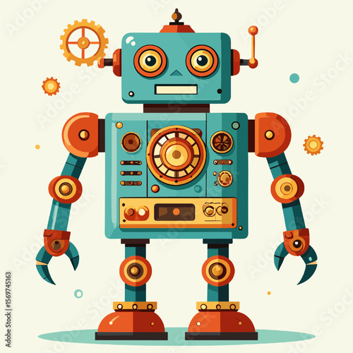 Illustration of an orange teal mechanical robot with square head and gear cog wheels hovering on a square neutral background in vector style