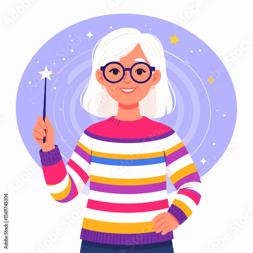 Illustration of Smiling White Haired Senior Woman with a Magic Wand Wearing Striped Sweater in Front of Cosmic Purple Background