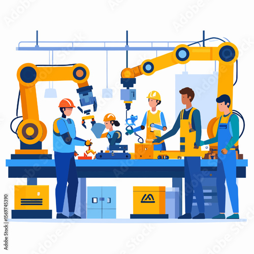 Industrial Robotic Arms Automate Manufacturing Process with Team of Engineers in Blue and White Factory Setting