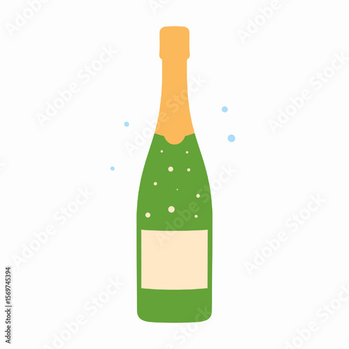 Isolated Green Champagne Bottle with Yellow Foil and Bubbles on White Background for Celebration and Holiday
