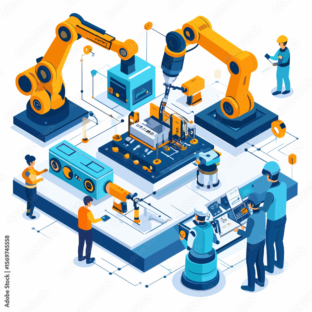 Fototapeta premium Isometric View of Automated Industrial Manufacturing Process with Orange Robotic Arms and Workers in Blue Outfits Overlooking the Digital Operations