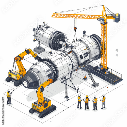 Isometric Illustration of Spacecraft Construction with Yellow Cranes and Workers Assembling Modules in a Detailed Technical Engineering Scene