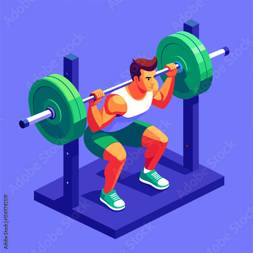 Isometric Man Squatting with Barbell for Weightlifting Exercise in Gym with Blue Background and Green Weights