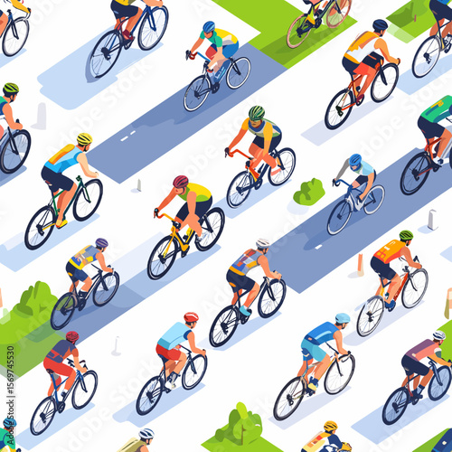Isometric Pixel Art Style Illustration of Many Cyclists Riding Bicycles on Green Paved Road with Trees and Shadows