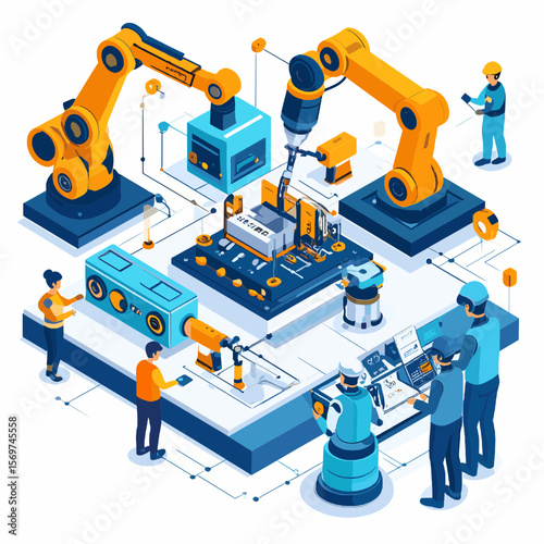 Isometric View of Automated Industrial Manufacturing Process with Orange Robotic Arms and Workers in Blue Outfits Overlooking the Digital Operations