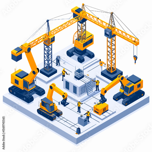 Isometric View of Construction Site with Cranes and Heavy Machinery Workers in Yellow and Blue Tones Vector Illustration