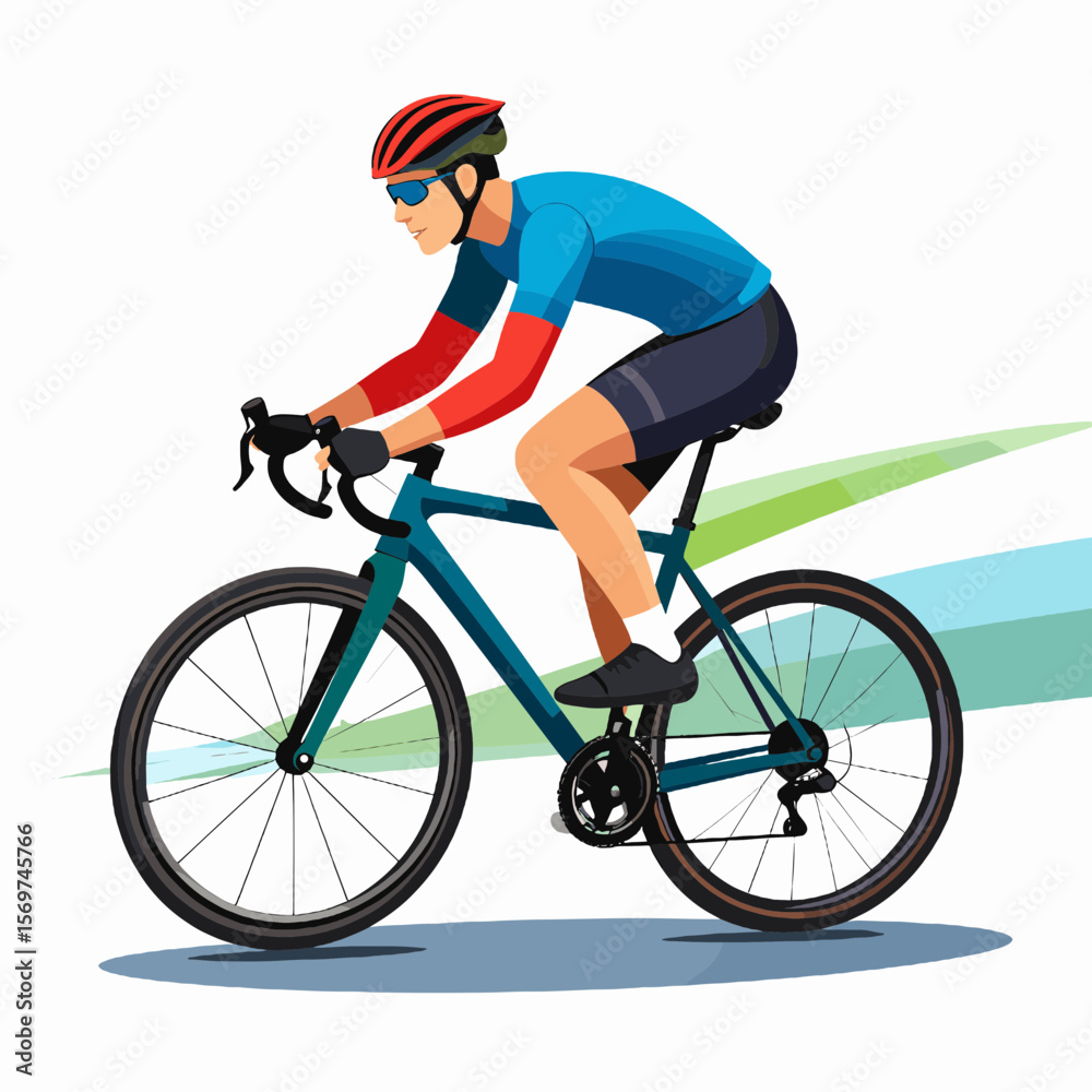Naklejka premium Male Cyclist in Blue and Red Outfit Riding Bicycle with Abstract Background Showing Motion and Speed for Sports and Fitness Activities