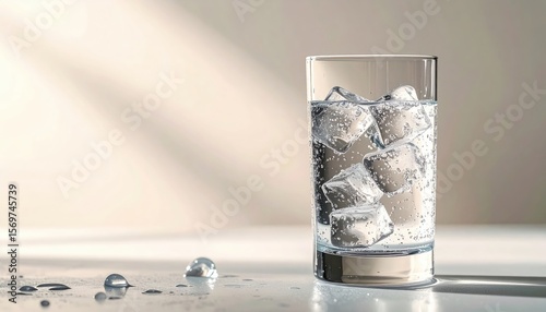 Refreshing Ice Water: A pristine glass of crystal-clear water, filled with glistening ice cubes, sits ready to quench your thirst, embodying purity and refreshment.