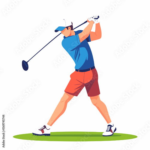 Male Golfer in Blue Shirt Swinging Golf Club on Green Grass Field Under Bright Daylight in Vector Art Style