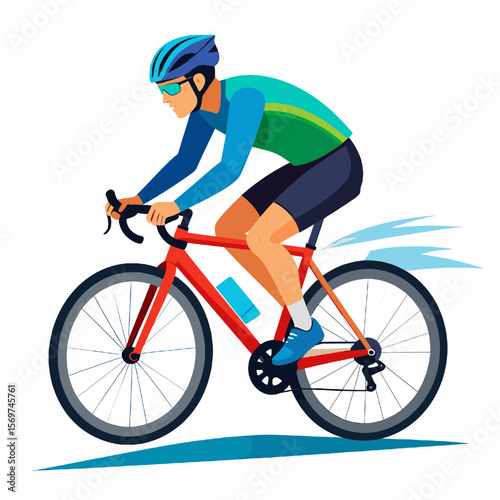 Male Cyclist in Action Riding Red Bicycle Wearing Blue Helmet and Green Jersey on White Background Illustration