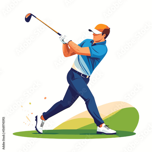 Man in Blue Shirt Swinging Golf Club in Green Field Illustration with Abstract Geometric Design