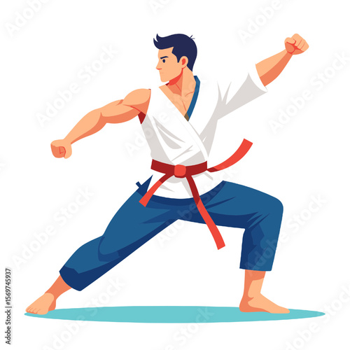 Man in White Karate Gi and Red Belt Performing Martial Arts Stance Against a White Background